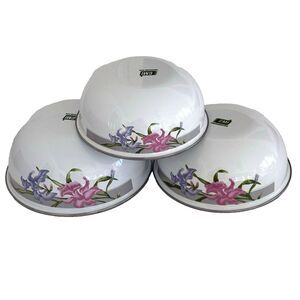 Vtg GMI Enamel Nesting Bowls Floral Iris Metal Mixing Floral White Set of 3